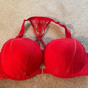 Cacique boost plunge red lace front close strapy bra